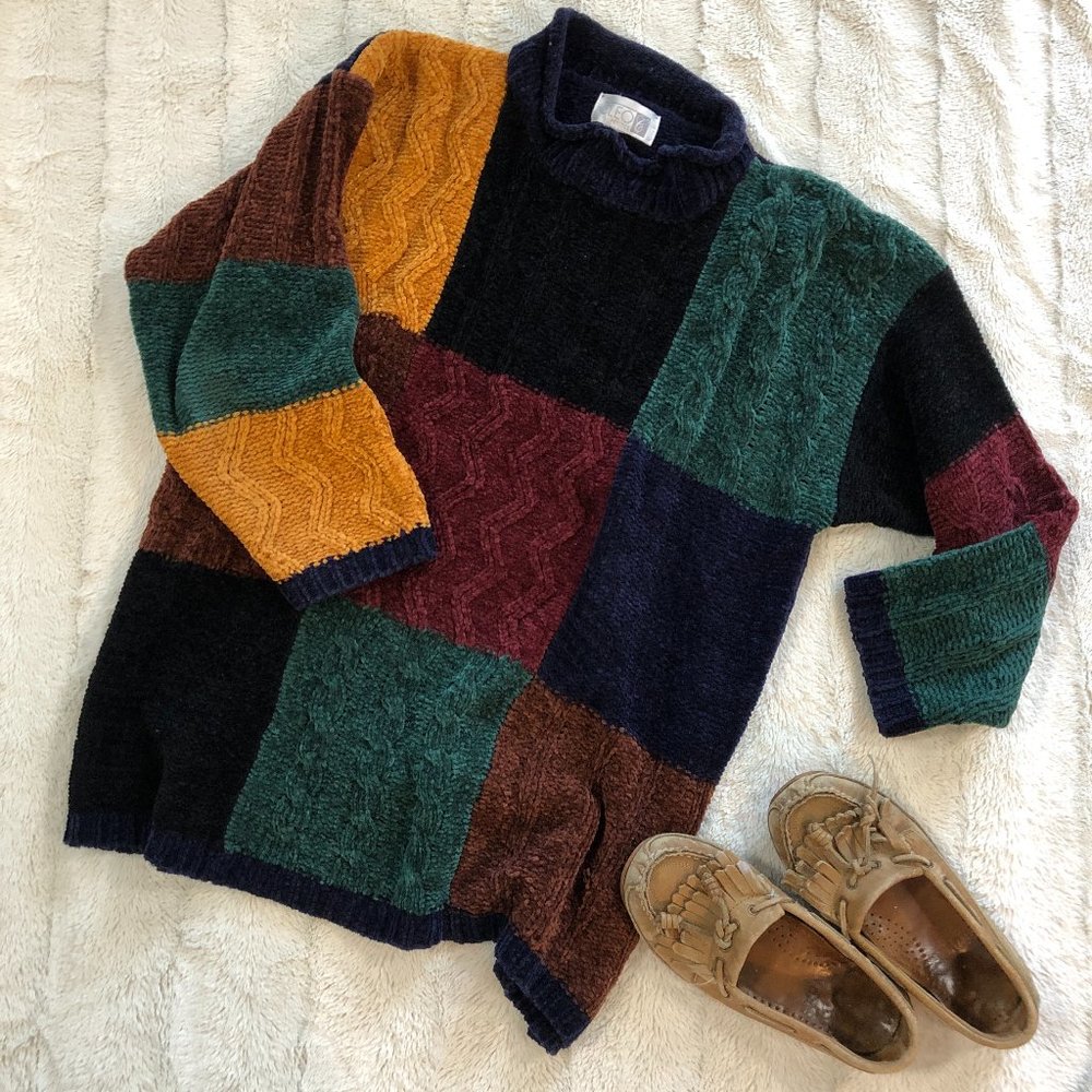 Vintage cottagecore 'Cleo Petites' soft colourblock 90s mock turtleneck sweater - Picture 1 of 9